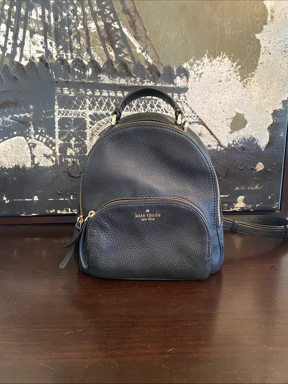 Authentic Kate Spade Black Pebbled Leather Mini Backpack with Gold Hardware